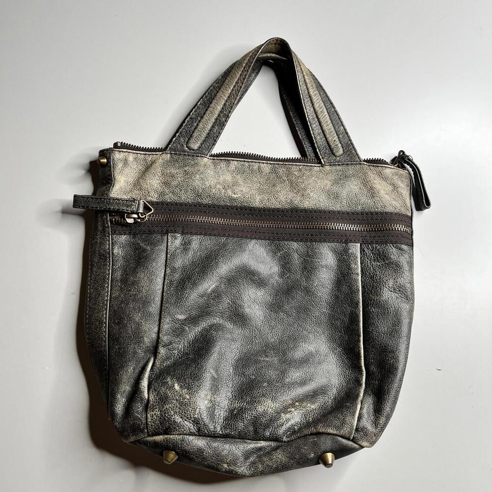 J.Crew Tote Bag Womens Medium Gray Leather Zip Top Studded Bottom Shoulder Purse